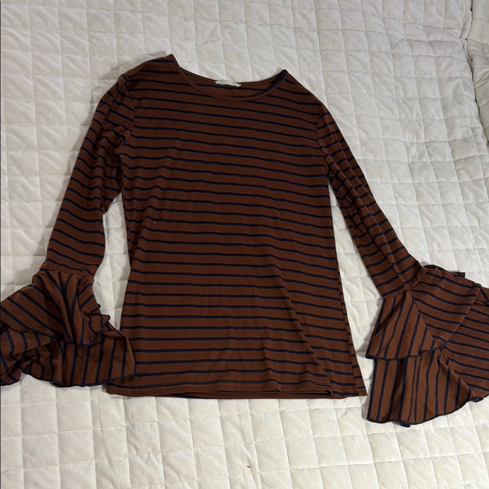 Striped Brown Bell-Sleeve Women's Top